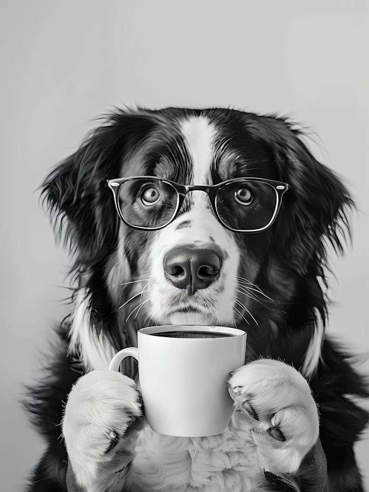 Bernese Mountain Dog And Coffee Wall Art, Black And White Print, Coffee Lover Print, Funny Dog Poster, Coffee Bar Art, Kitchen Wall Decor