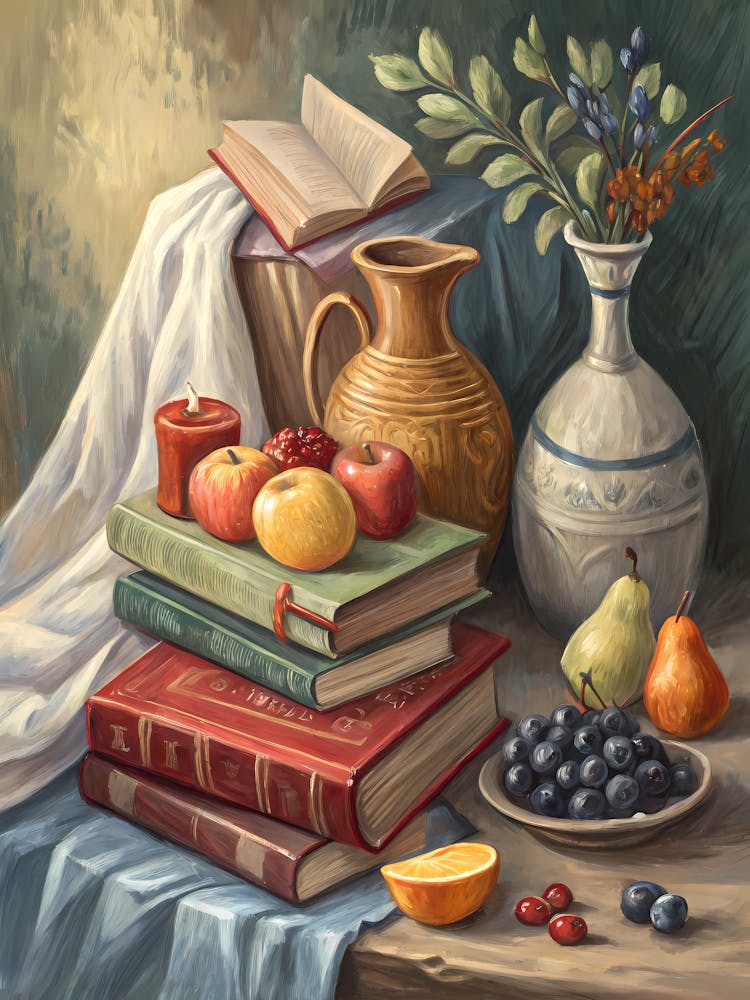 Oil Painting Style Still Life Harmony Vintage Books, Fruits & Vases