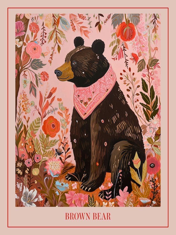 Floral Animal Painting Brown Bear 4 Poster