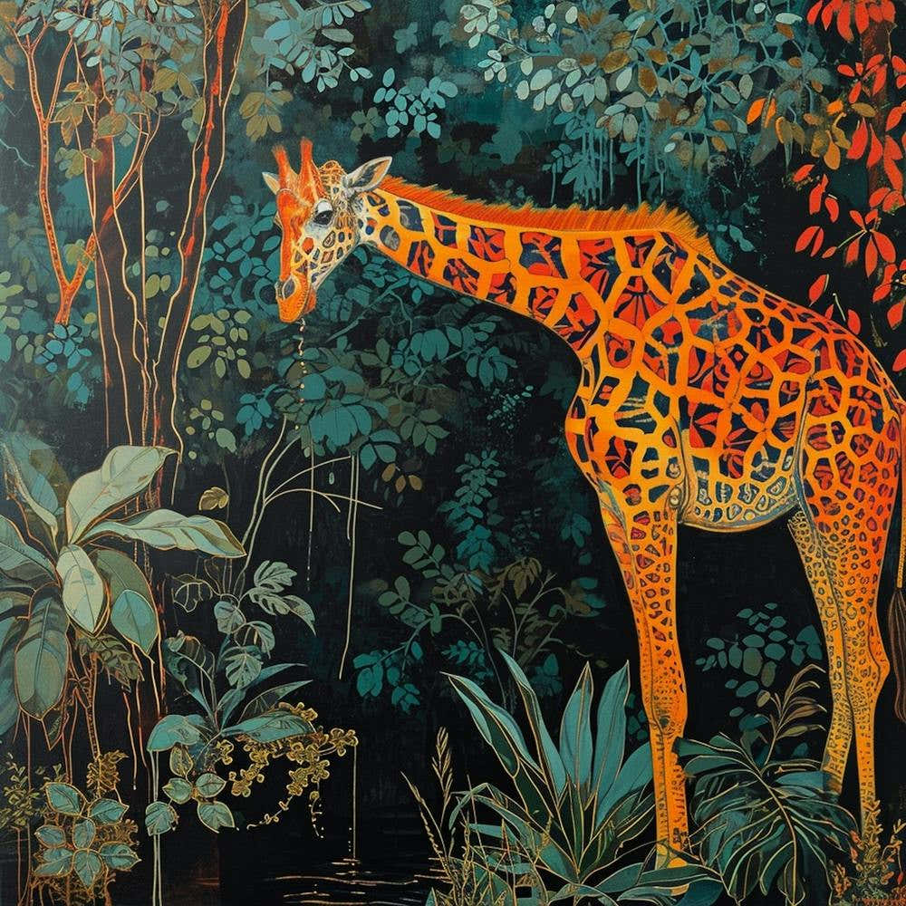 Giraffe In The Leaves Oil Painting Inspired 1