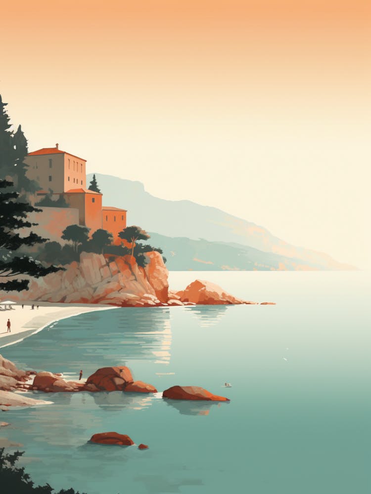 A Drawing Of Sveti Stefan Beach Montenegro Orange Tones 3