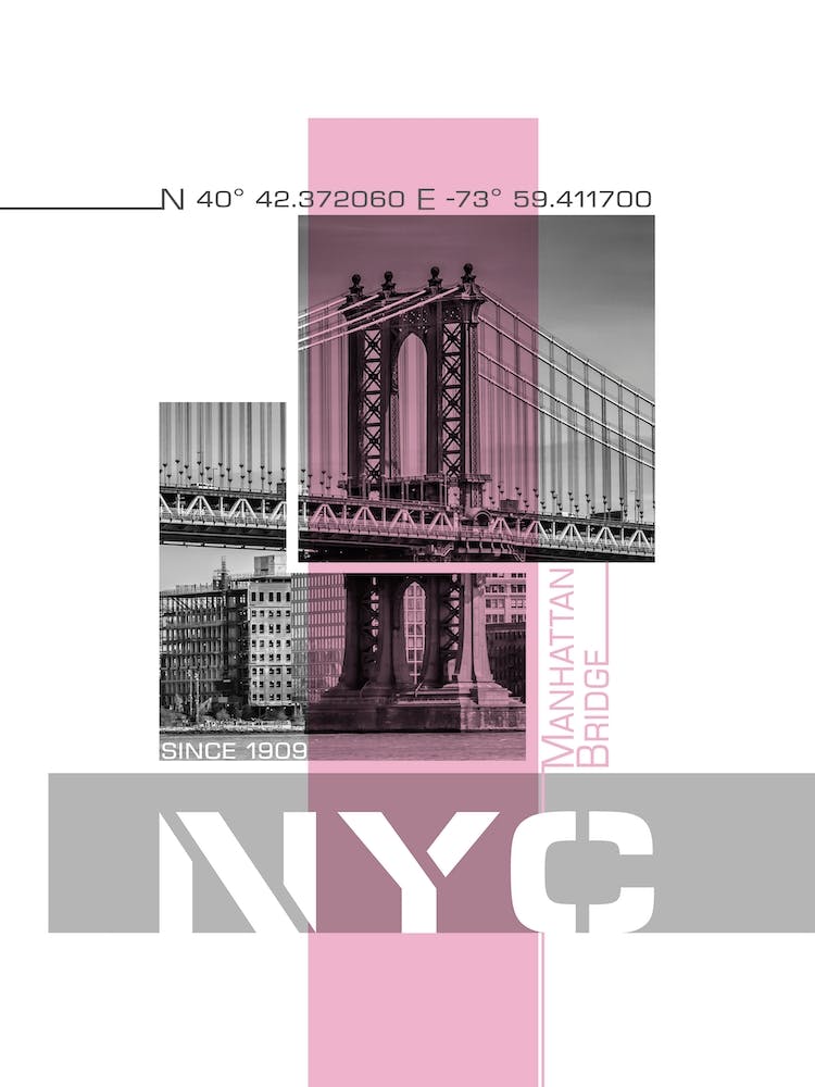 Poster Art Nyc Manhattan Bridge & East River Pink