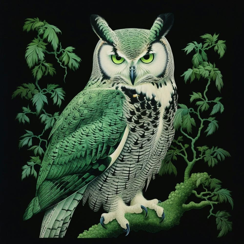 Ohara Koson Inspired Bird Painting Great Horned Owl 1 Square