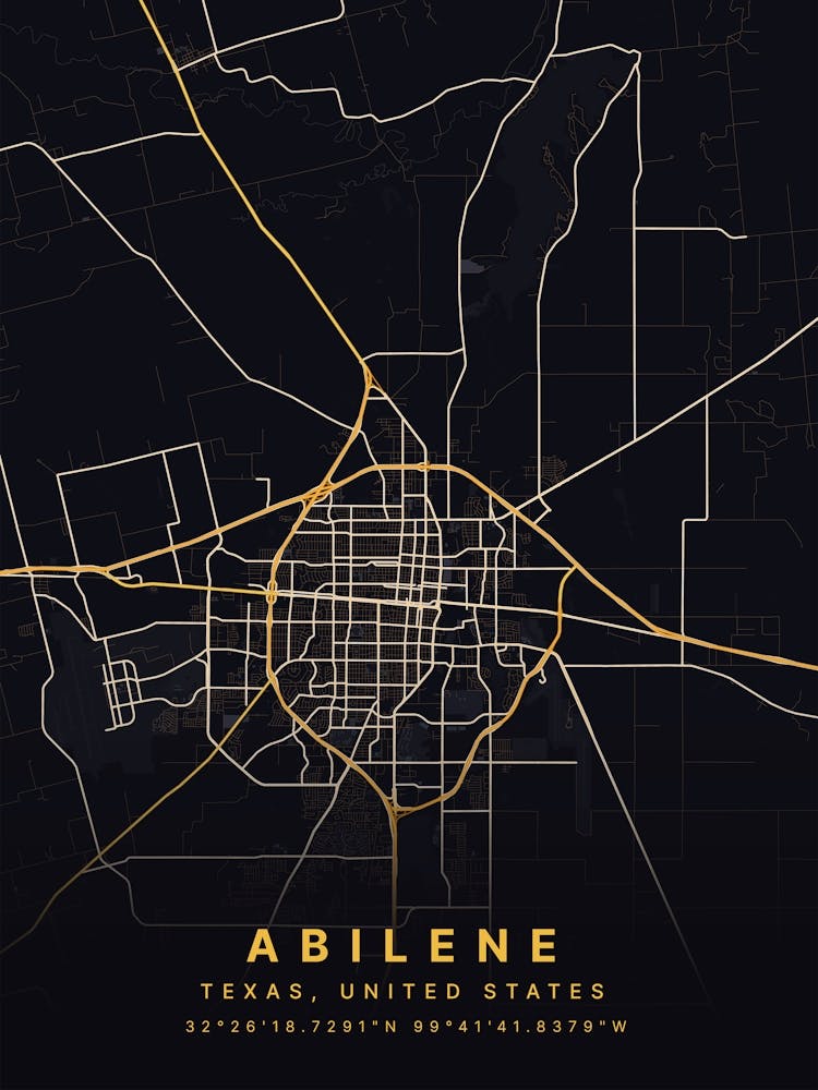 Abilene Texas United States Black And Gold Map