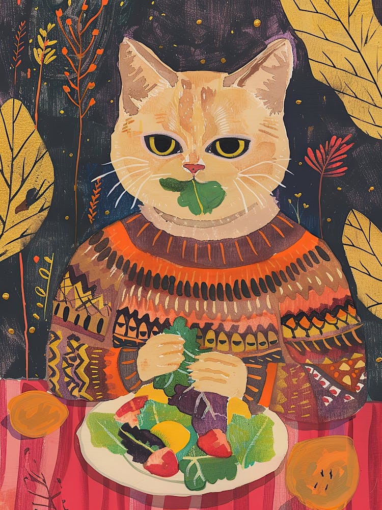 Cute Brown Cat Eating Salad Folk Illustration 4