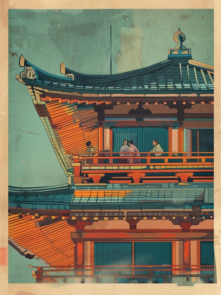 Tourists Visiting A Traditional Japanese Castle Mid Century Modern