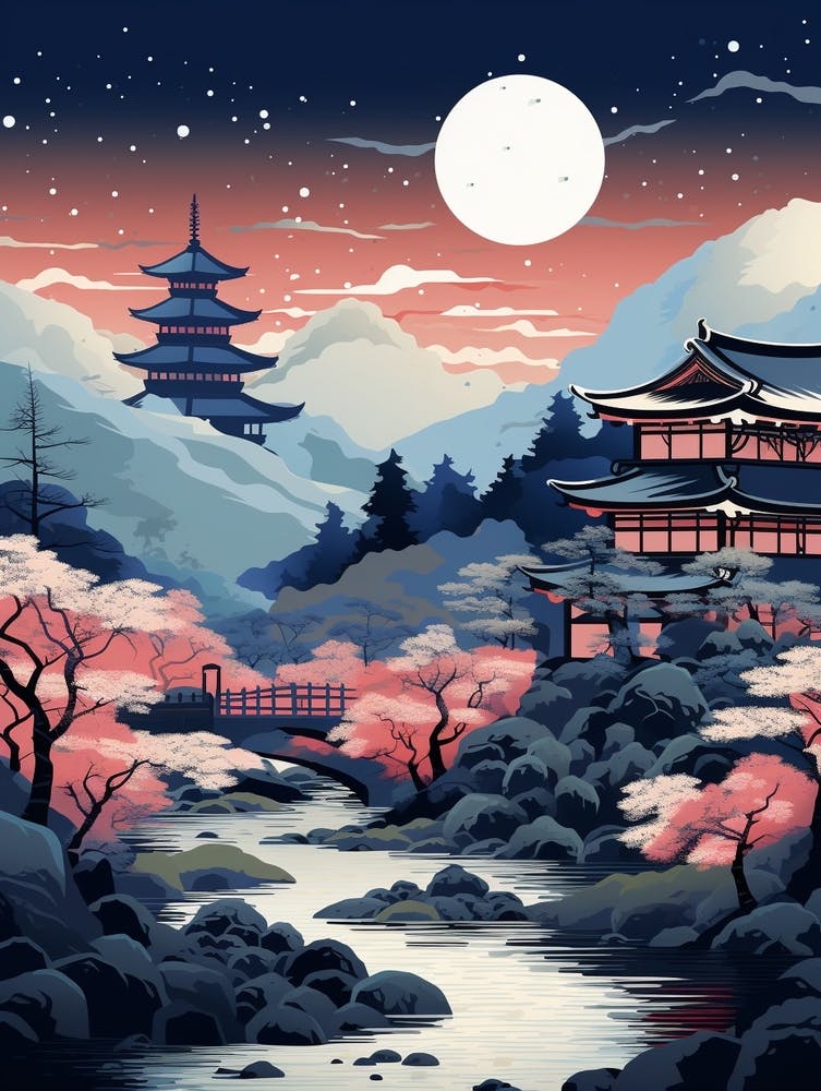 Winter Travel Night Illustration Hakone Japan 1
