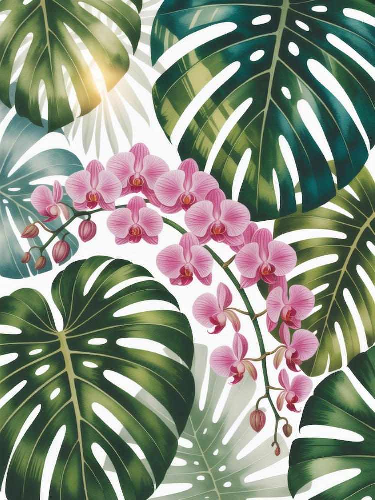 Monstera And Orchids 2, Water Color Painting