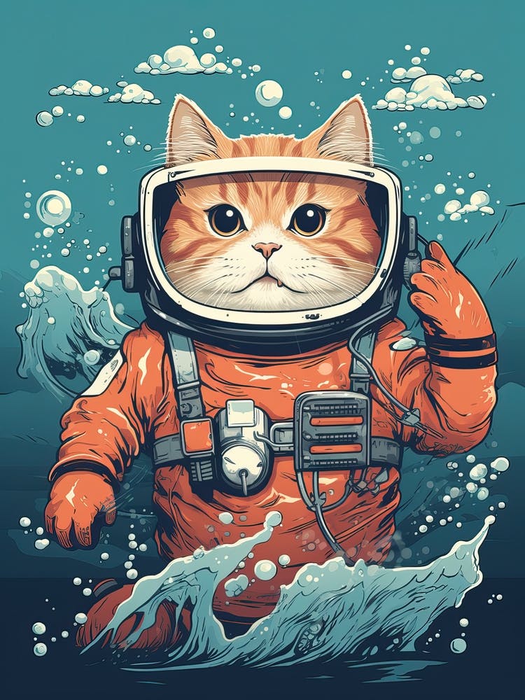 Kawaii Cat Drawings Scuba Diving 2