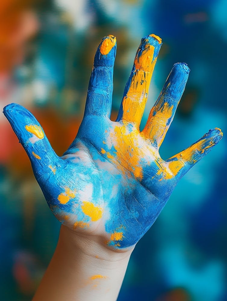 Child With Painted Hands On Colorful Background