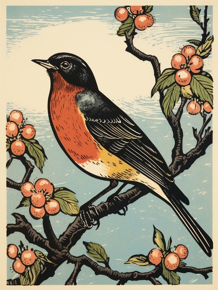 Vintage Bird Linocut Robin 4