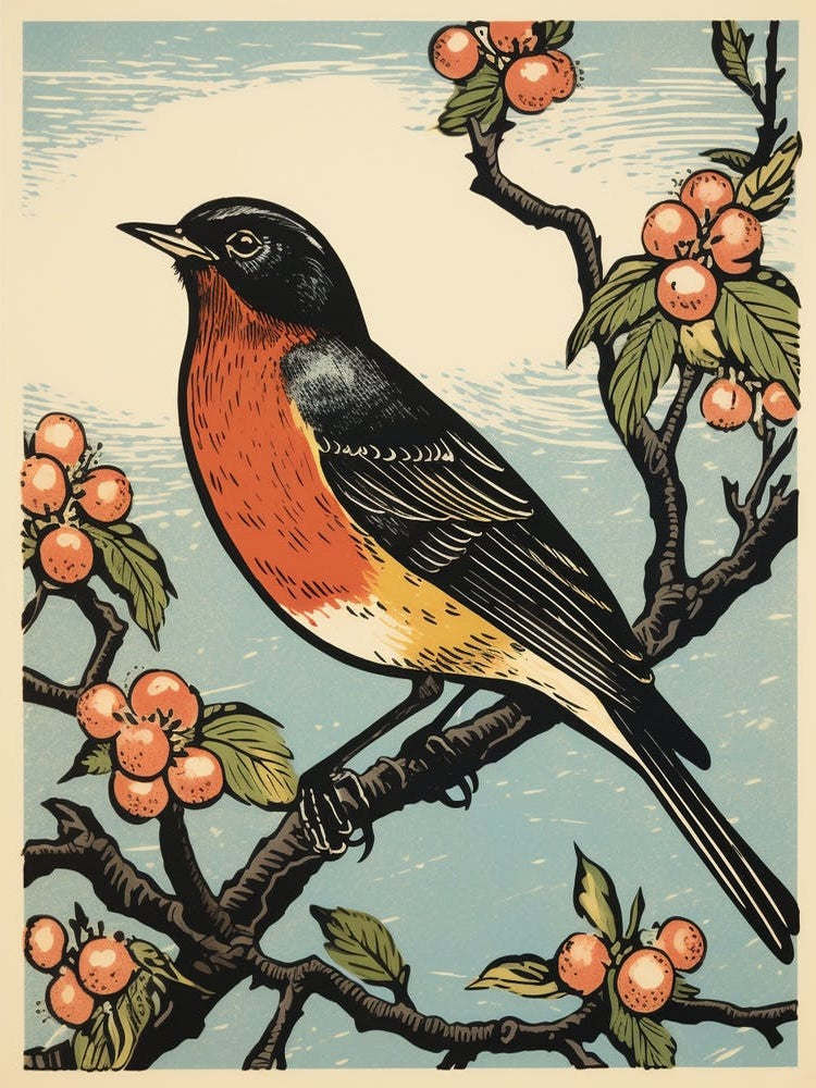 Vintage Bird Linocut Robin 4
