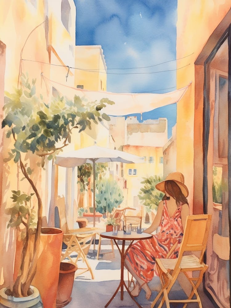 At A Cafe In Rhodes Greece Watercolour
