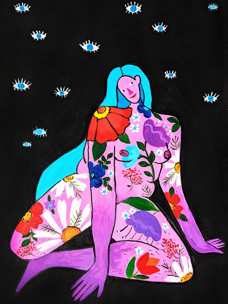 Female body in cute flowers