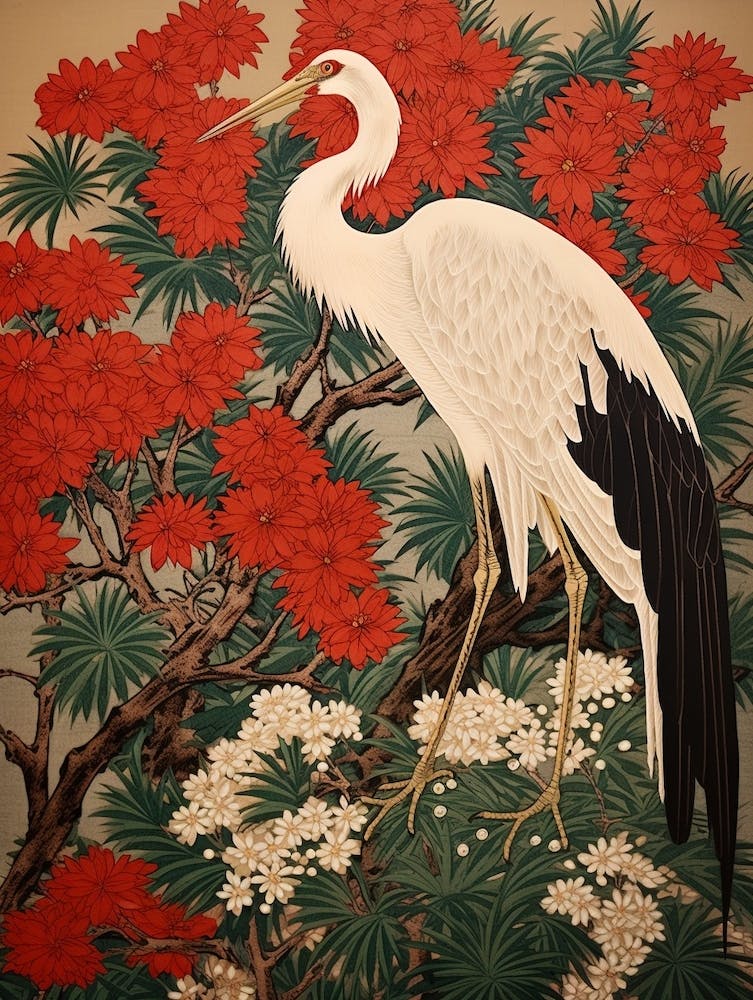 Schwarze und Rote Kraniche 7 Vintage Japanische Botanik