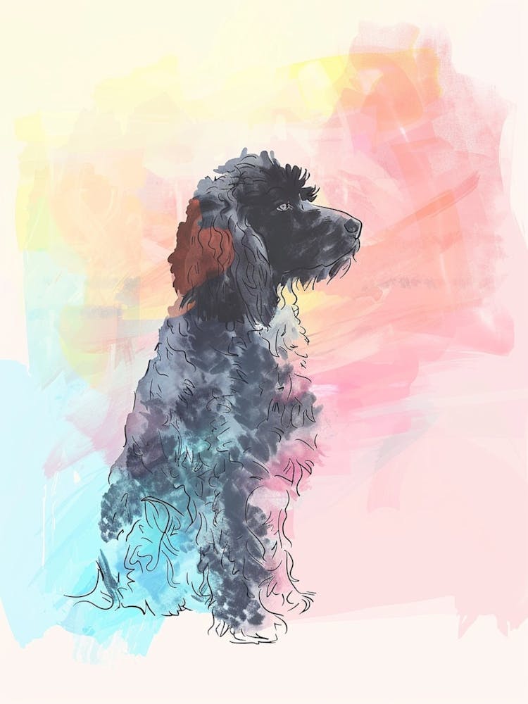 Irish Water Spaniel Dog Pastel Watercolour Illustration