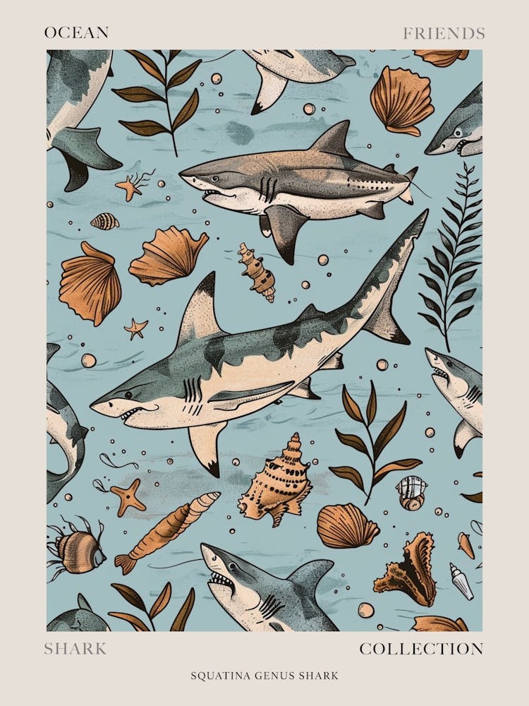 Pastel Blue Squatina Genus Shark Watercolour Seascape Pattern 1 Poster