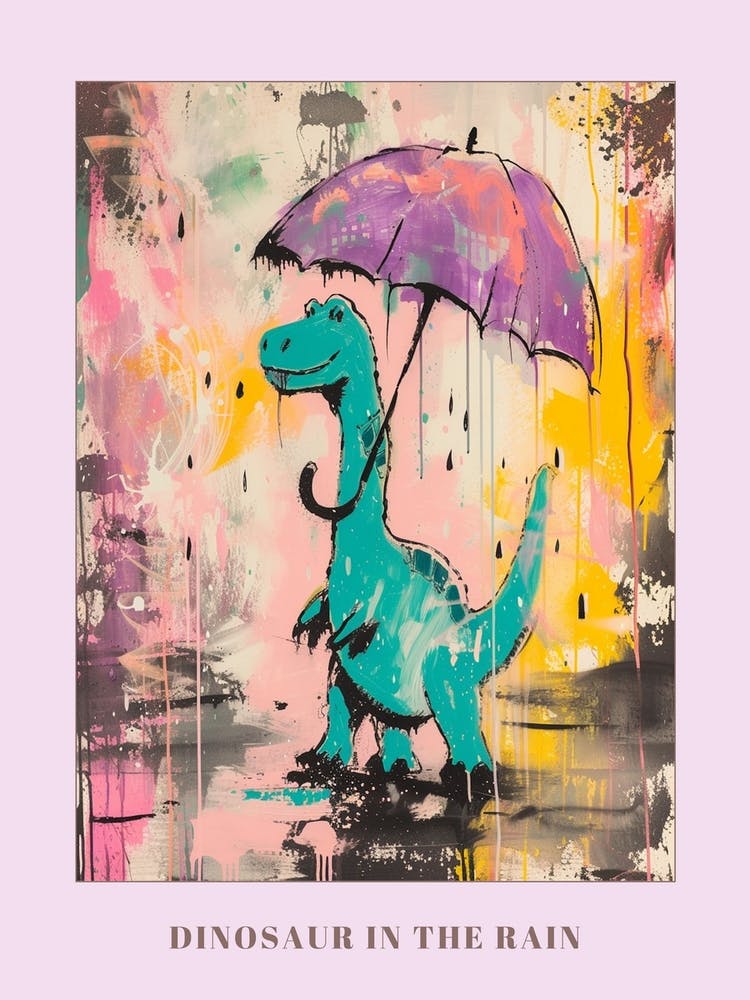 Dinosaur In The Rain Holding An Umbrella Teal Purple 2 Poster
