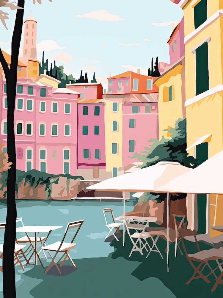 Portofino, Italien, Illustration in flachen Pastelltönen 4