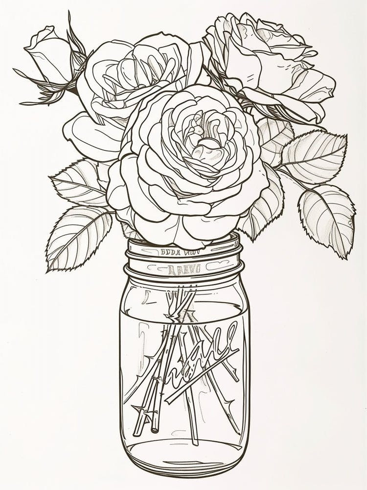 Rose In A Mason Jar Line Drawing 1