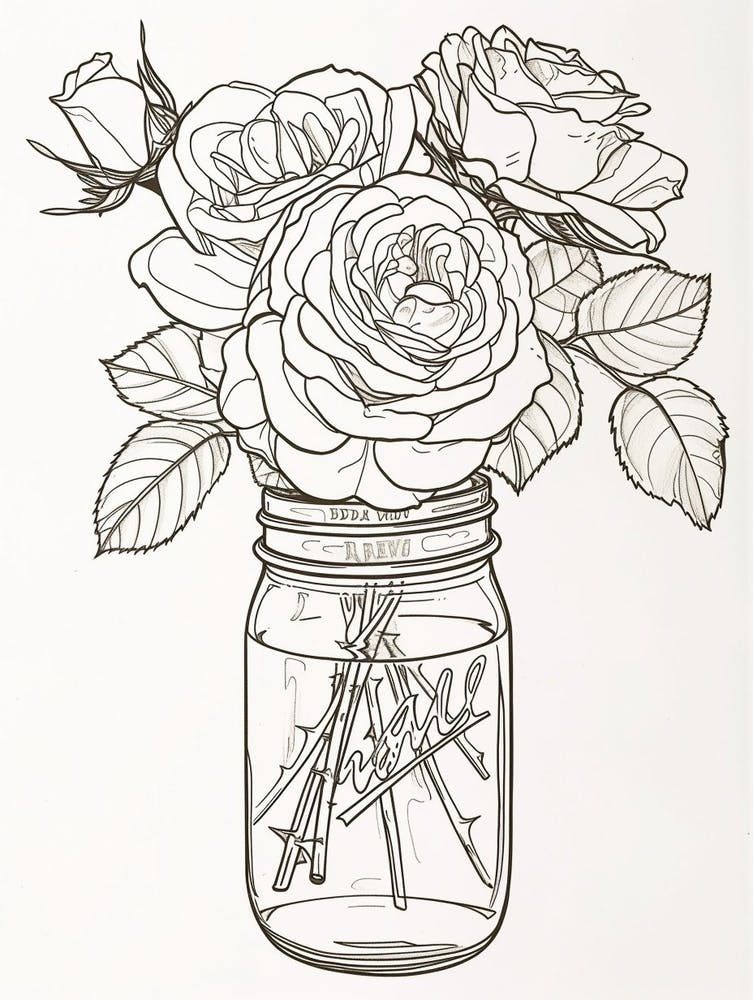 Rose In A Mason Jar Line Drawing 1