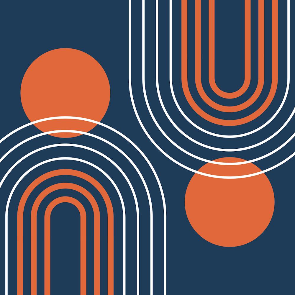 Mid Century Modern Geometric B21 In Navy Blue And Orange (Rainbow And Sun Abstract) 02