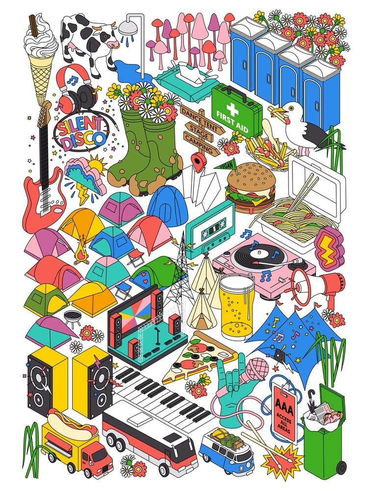Isometric Summer Psychedelic Music Festival Map Glastonbury Cochella Vegan