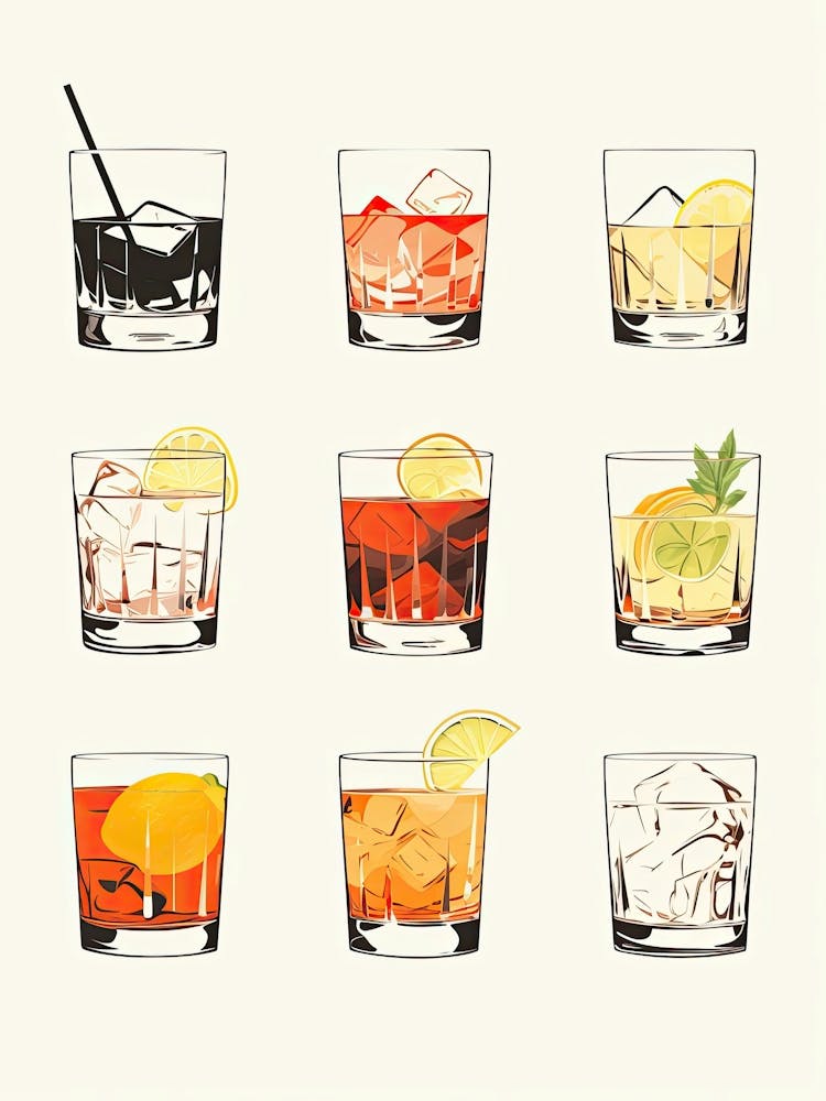 Watercolour Collection Of Old Fashioned Floral Infusion Cocktail