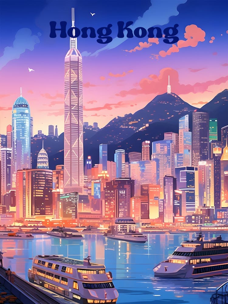 Hong Kong Bei Nacht Reisekunst Illustration
