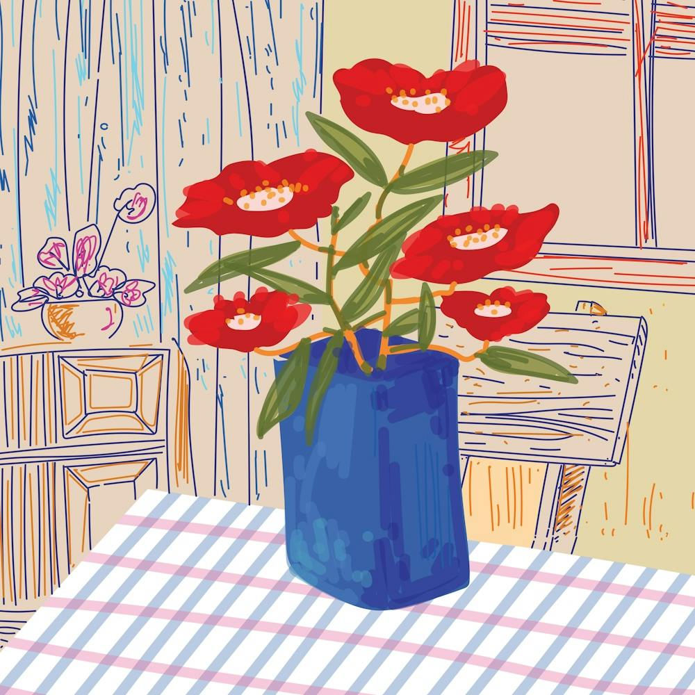 Red Flowers In A Blue Vase Mid Century