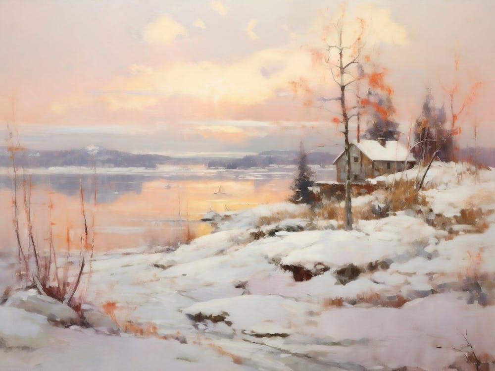 Vintage Snowy Winter Landscape Painting, Rustic Winter Sunset Print, Vintage Cottage Painting, Neutral Antique Farmhouse Printable Wall Art