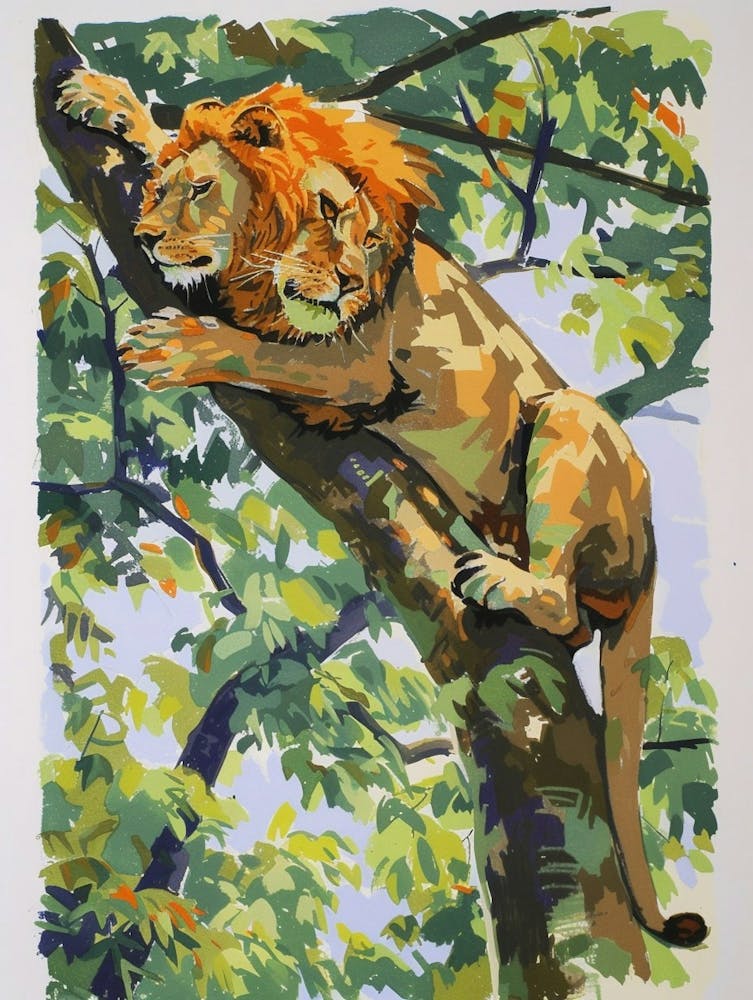 Asiatic Lion Climbing A Tree Fauvist Painting 3