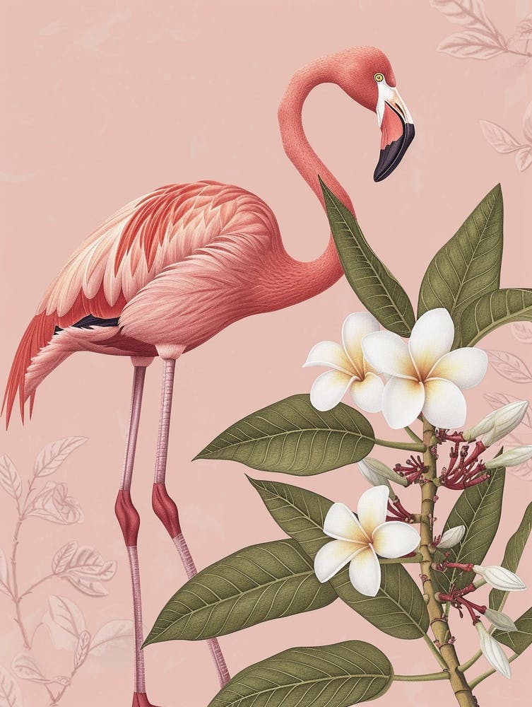 American Flamingo And Frangipani Minimalist Illustration 4