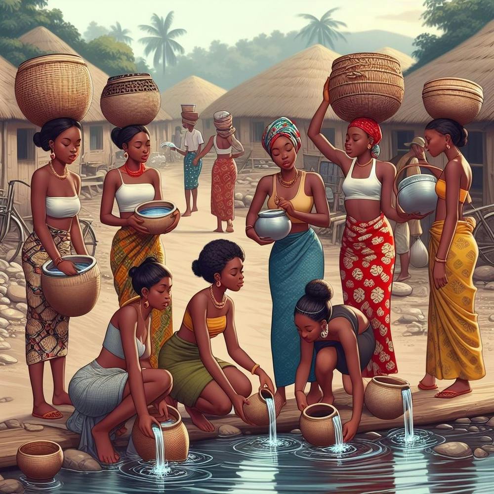 African ladies at the the stream to fetch water, Canvas Print