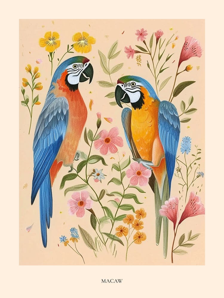 Folksy Floral Animal Drawing Macaw 3 Poster