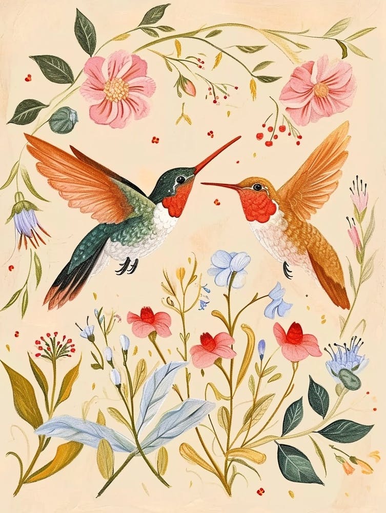 Folksy Floral Animal Drawing Hummingbird 2