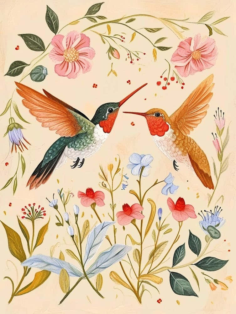 Folksy Floral Animal Drawing Hummingbird 2