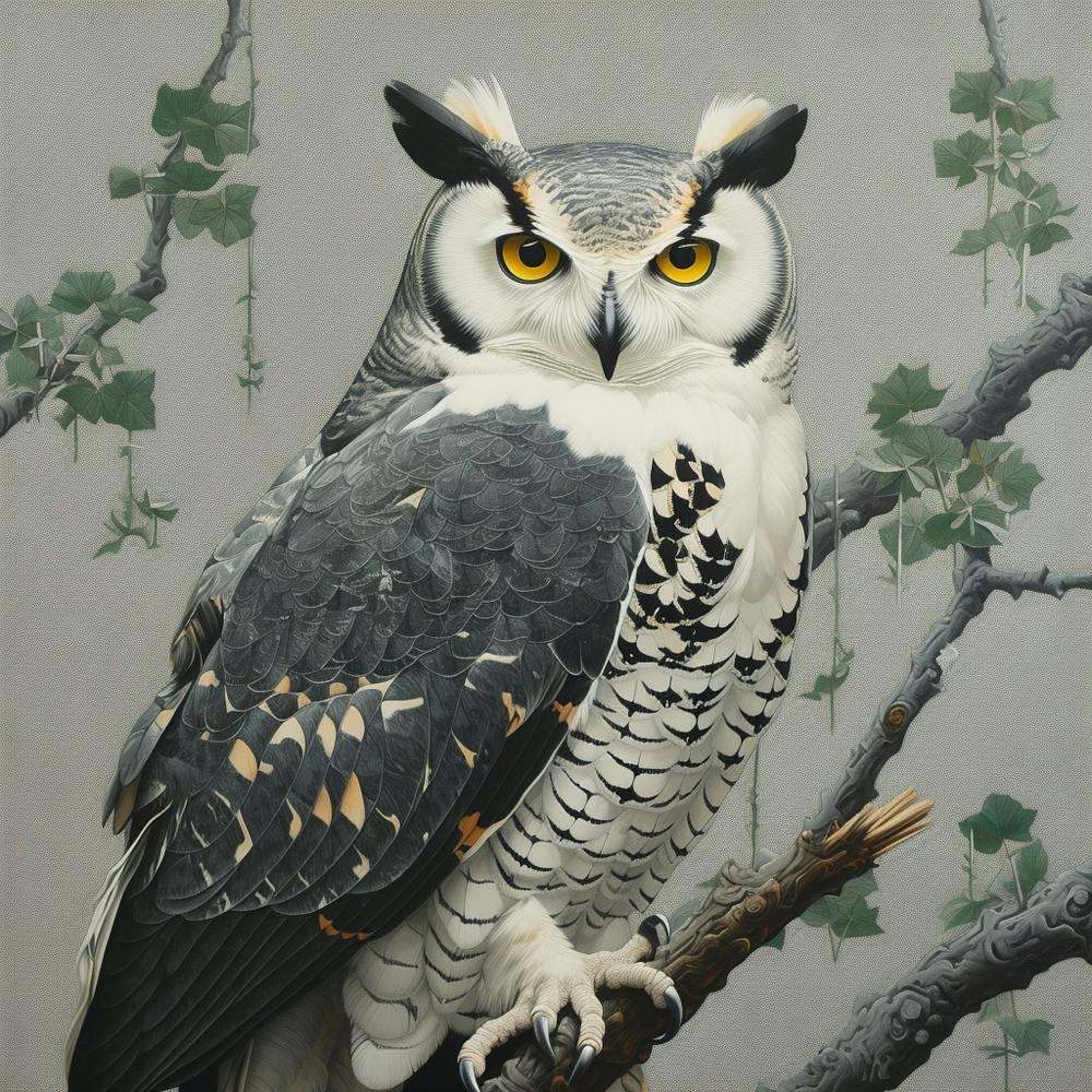 Ohara Koson Inspired Bird Painting Great Horned Owl 2 Square