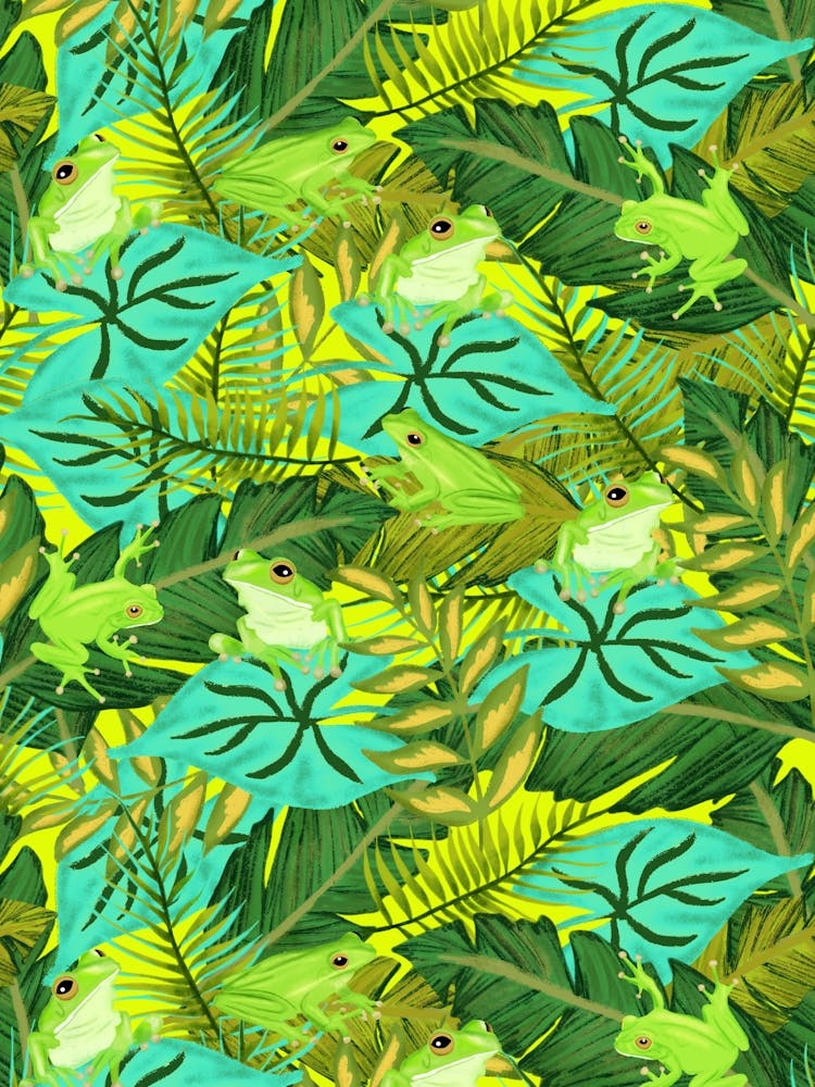 Hiding Tropical Tree Frogs in Green Foliage on Lime Green