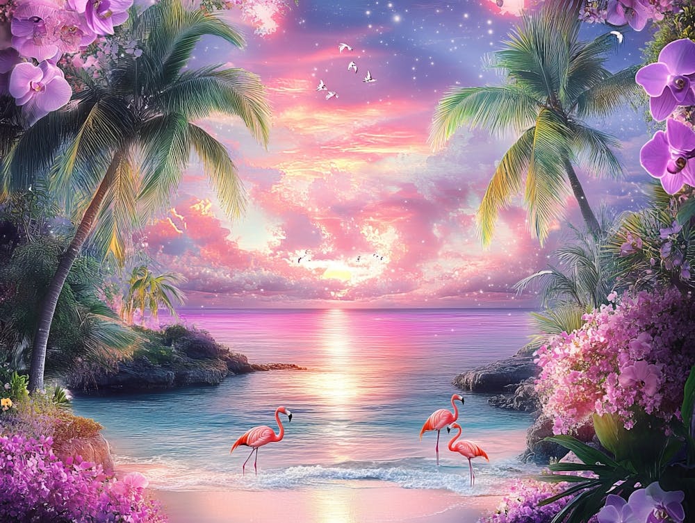 Beautiful Sea View From The Garden Of Orchids And Palm Trees Painting