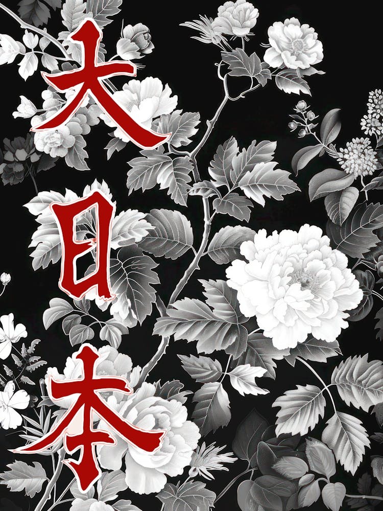 Hokusai Great Japan Poster Monochrome Flowers 5