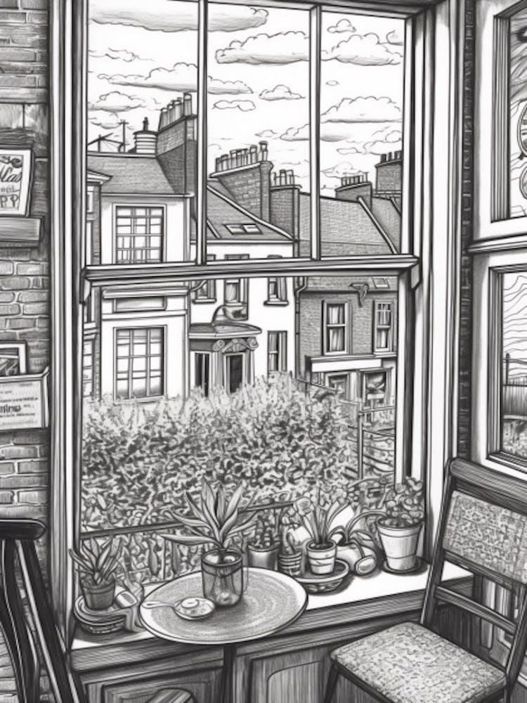 A Window View Of London In The Style Of Black And White  Line Art 4