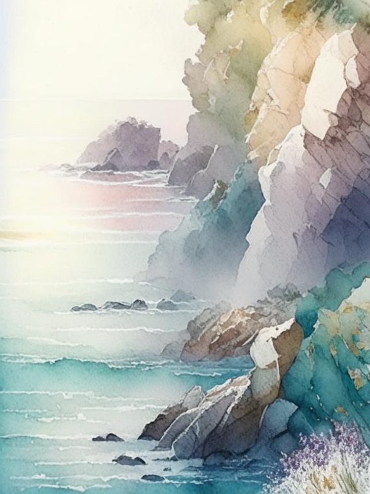 Coastal Cliffs And Rocky Shores Waterscape Gouache 2