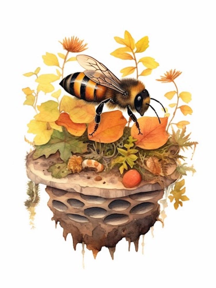 Orange Banded Bee Beehive Watercolour Illustration 1