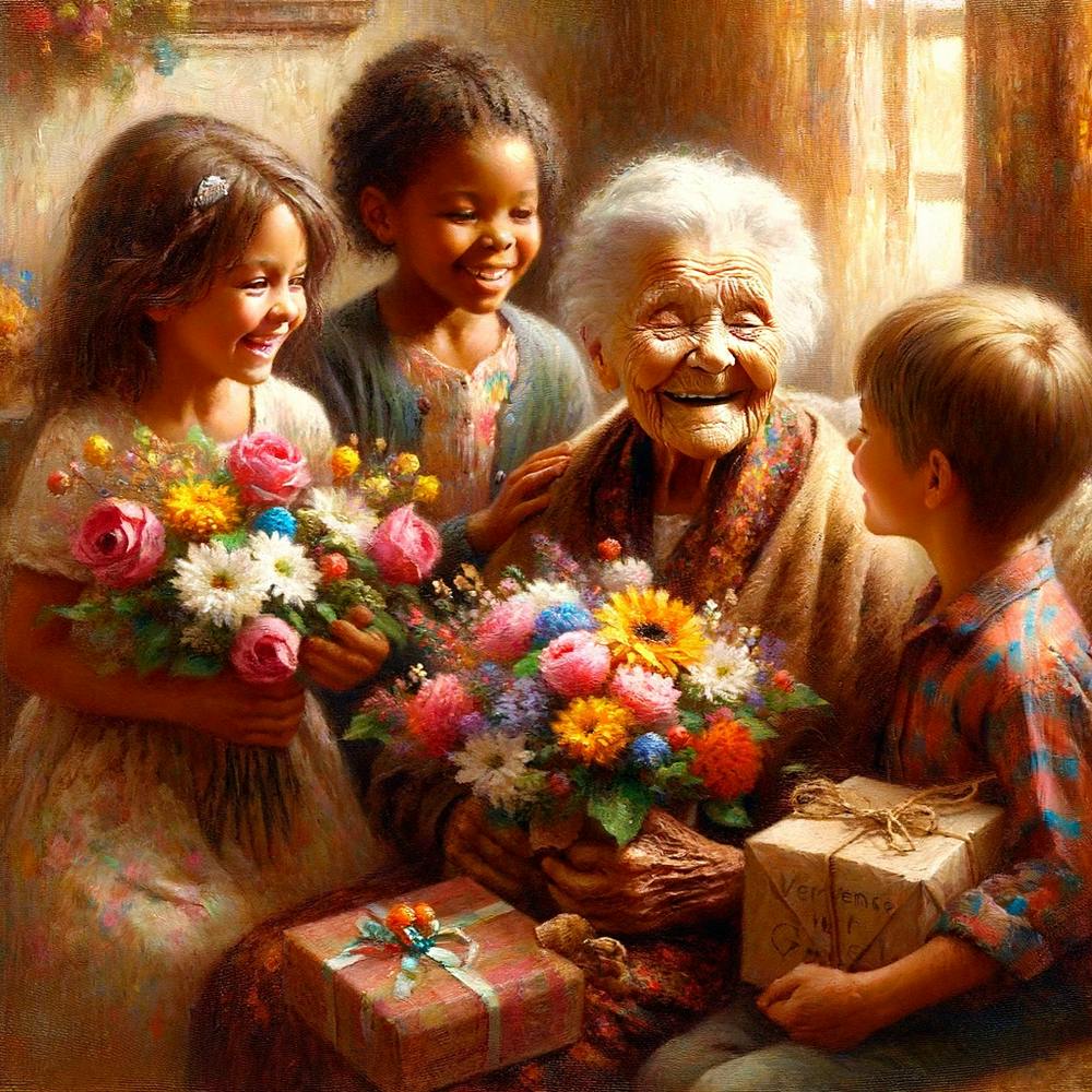 Kids Offering Gifts To Sweet Old Lady