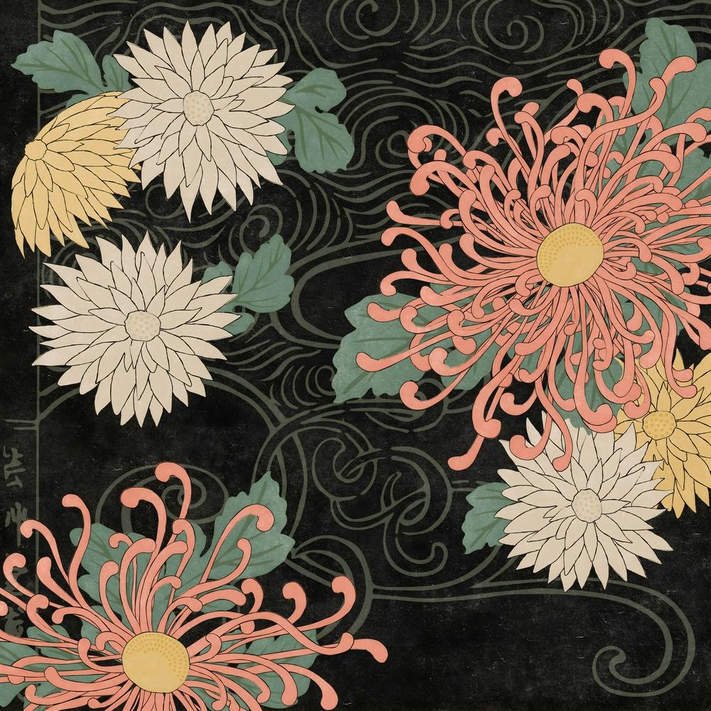 Watery Floral Japanese Woodblock - Black