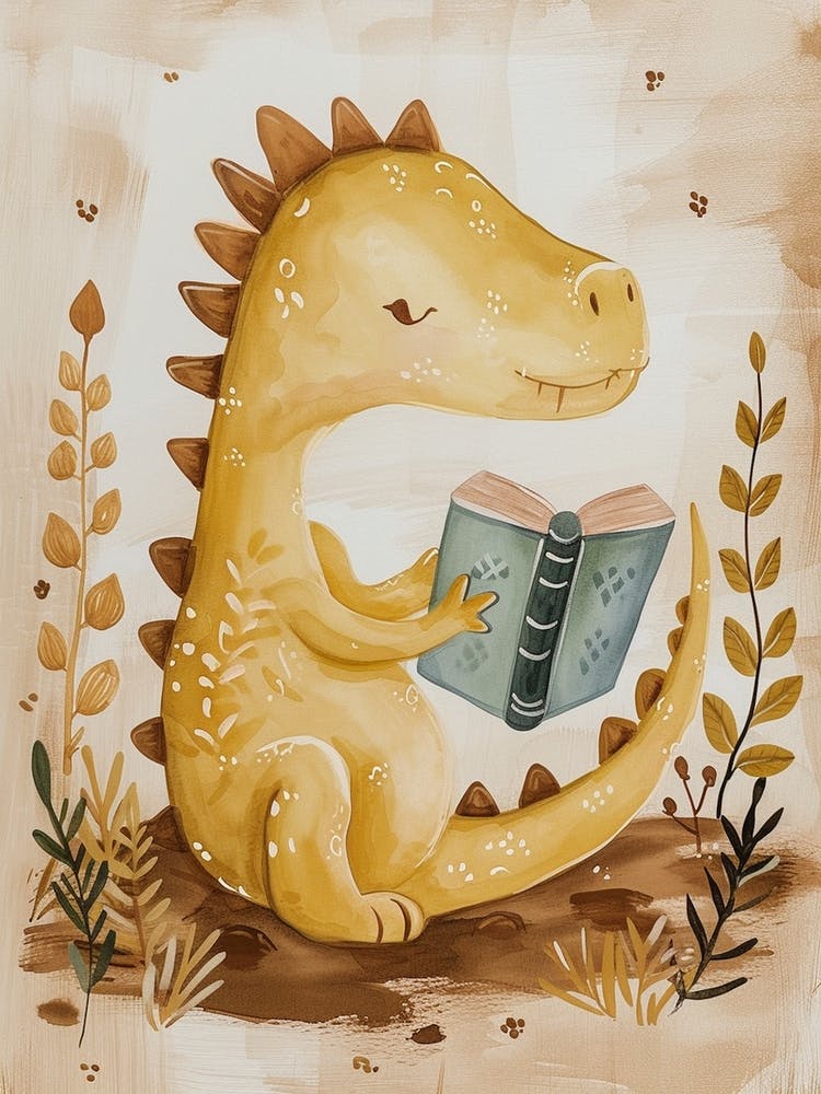 Neutral Pastels Dinosaur Reading A Book 3