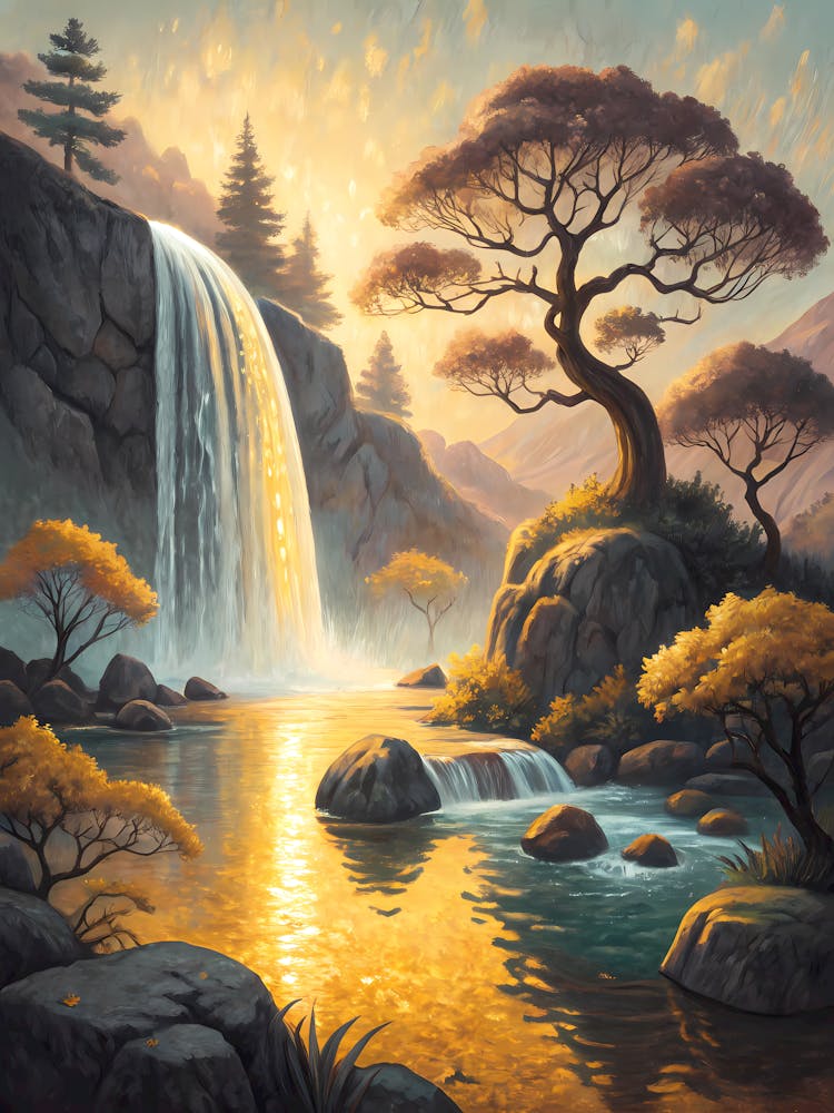 Zen-Inspired Artwork of a Serene Waterfall Oil Painting Style