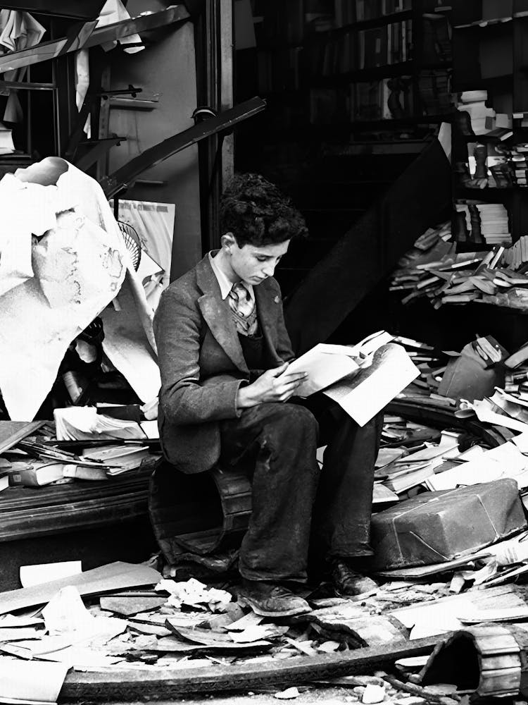 Young Man Reading A Book After Bomb Raid, Vintage Black and White Old Photo