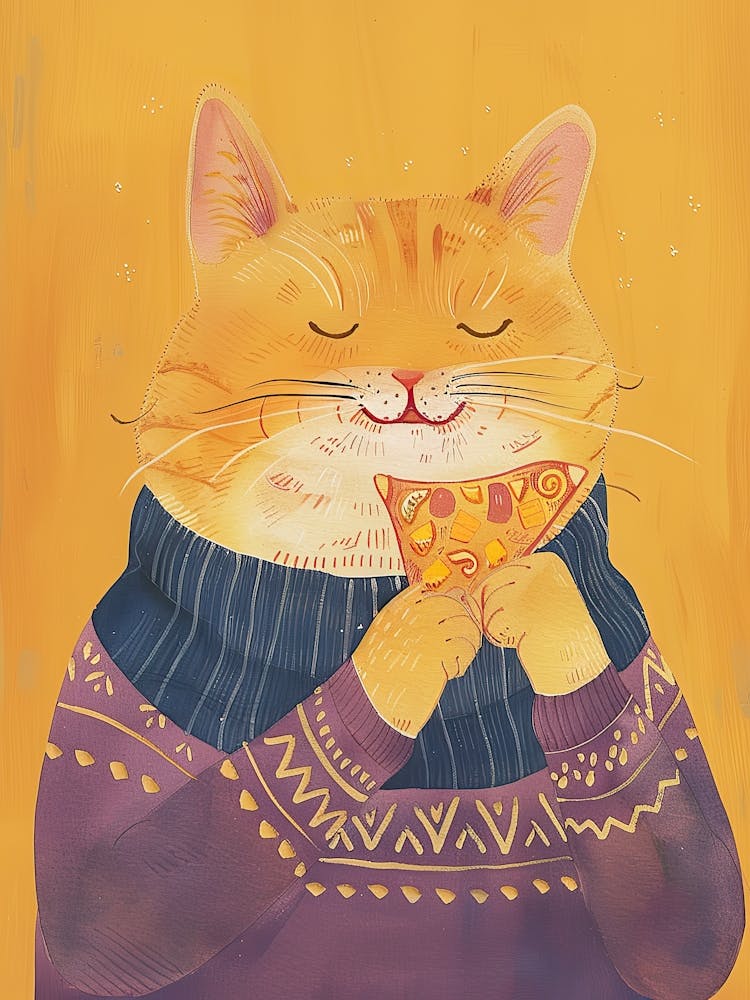 Orange Cat Pizza Lover Folk Illustration 4